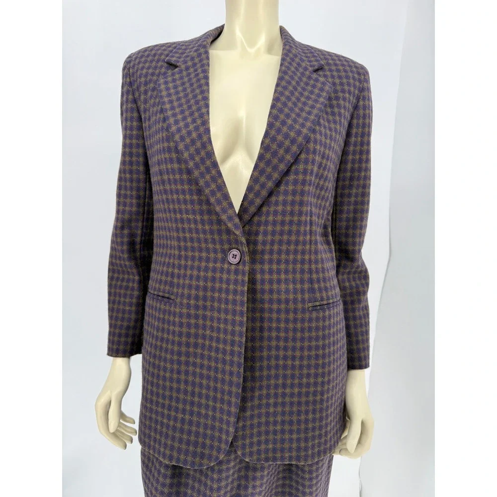 Leslie Faye Sportswear Vintage‎ Wool Blend Skirt Suit Purple Check 8 Petite